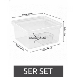 5er Set plast team Aufbewahrungsbox je 1,7 Liter Fassungsvermögen Stapelbare Vorratsboxen mit Deckel 8360926 Transparent/Weiß