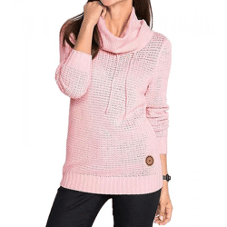 Damen Strick-Pullover mit Rollkragen und Kordelzug im Zopfmuster Baumwoll-Pullover Freizeit-Sweater 962955 Rosa