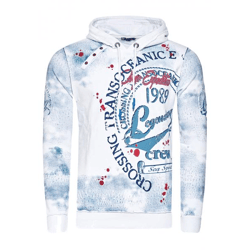 Exklusiver Herren Kapuzen-Pullover Oil-Washed Hoodie mit Knopfleiste und Sea-Print Sweater 19128 Weiß