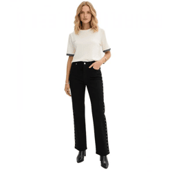 extravagante Damen Twill-Hose modern geschnittene Alltags-Hose mit Nieten Slim-Fit 974561 Schwarz