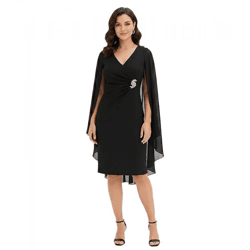 figurbetontes Damen Mini-Kleid aus fließendem Chiffon mit Zier-Brosche Abend-Kleid 960272 Schwarz