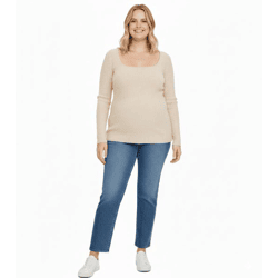 gemütlicher Damen Strick-Pullover schmal geschnittener Langarm-Pulli mit Karree-Ausschnitt Große Größen 969592 Beige