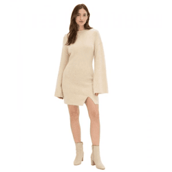 kuscheliges Damen Strick-Kleid mit Glockenärmel Woll-Kleid Mini-Kleid 922959 Sand-Beige