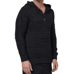 Markanter Herren Grobstrick Kapuzen-Pullover mit Knopfleiste und Zopfstruktur Strick-Hoodie Sweater 13385 Schwarz