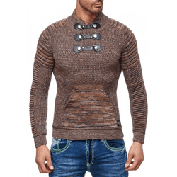 Markanter Herren Grobstrick-Pullover mit Stehkragen und Kragenverschluss Struktur-Strick-Sweater 13299 Camel