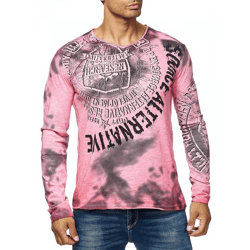 Markantes Herren Longsleeve V-Ausschnitt Washed Print Design Slim Fit Langarm-Shirt 10135 Koralle
