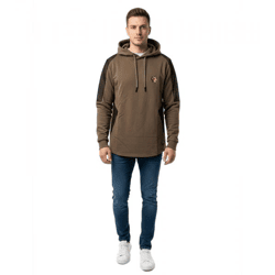 Moderner Herren Hoodie mit Strukturärmeln und Logo Patch Kapuzen-Pullover Sweater 19072 Khaki