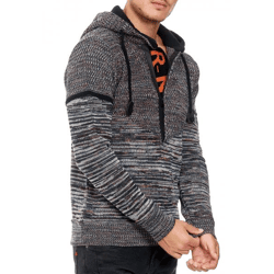 Moderner Herren Strick Kapuzen-Pullover mit Half-Zip-Reißverschluss melierter Hoodie 13345 Marine