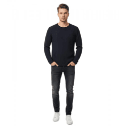 Moderner Herren Strick-Pullover im Destroyed Look Slim Fit Rundhals-Sweater mit Strukturstrick 13249 Marine 