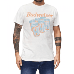 RE:COVERED X BUDWEISER Herren T-Shirt mit großem Six Pack-Print Baumwoll-Shirt Kurzarm-Shirt MMABI403 Ecru-Weiß