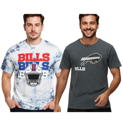 RE:COVERED X NFL Herren T-Shirt Buffalo Bills Logo-Schriftzug Print Baumwoll-Shirt Rundhals-Shirt in Grau oder Batik Blau/Weiß