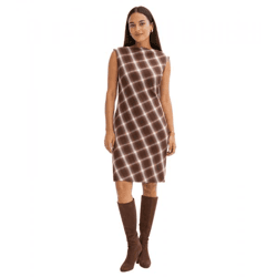 schickes Damen Kleid im Karo-Muster Abend-Kleid Mini-Kleid ärmellos 938009 Braun/Weiß