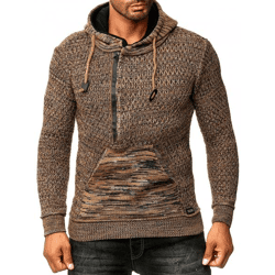 Sportiver Herren Kapuzen-Pullover mit Half-Zip und Strukturstrick Hoodie Sweater 13323 Braun