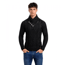 Stylischer Herren Strick-Pullover Zopfstrick-Muster Stehkragen-Sweater 3176 Schwarz