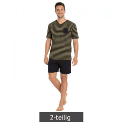 weicher Herren Pyjama 2-teiliger Shorty-Set mit Brusttasche und Streifen kurzer Schlafanzug Baumwoll-Pyjama 957908 Schwarz/Oliv