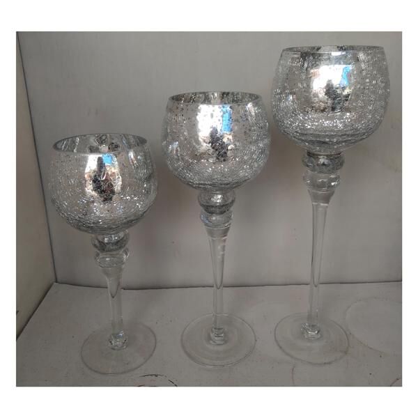 Windlicht auf Fu&szlig;, silber, crackle, 3er Set