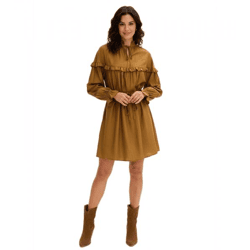 zartes Damen Tunika-Kleid aus fließender Viskose mit Rüschen und Bindeband 906791 Braun