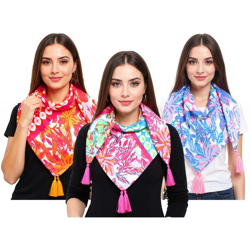 ZWILLINGSHERZ Hawaii Blume Vierecks-Tuch mit Blumen und Ornamenten Mode-Tuch 3016Q-2907 in Orange, Blau oder Pink Bunt