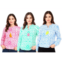 ZWILLINGSHERZ Ornamente Damen Sommer-Bluse Tunika-Shirt mit Quasten 33223 in Pink, Grün oder Blau