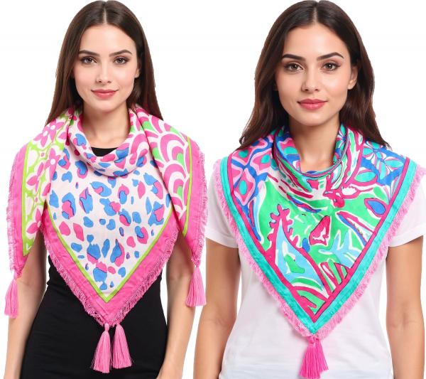 ZWILLINGSHERZ Vierecks-Tuch mit Animal-Print, Blumen und Ornamenten Mode-Tuch 3016Q-0609 Pink/Blau/Gr&uuml;n oder Blau/Pink/Bunt