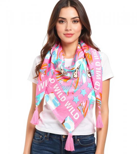 ZWILLINGSHERZ Wild Dschungel Vierecks-Tuch mit Leoparden und WILD Schriftzug Mode-Tuch 3016Q-2907-20 Pink/Braun/Bunt