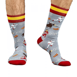 1 Paar Moustard San Fermin Baumwoll-Socken mit Stierkampf-Symbolen und Spanien-Flagge am Bund gemusterte lange Strümpfe 17SSFER Grau/Rot/G