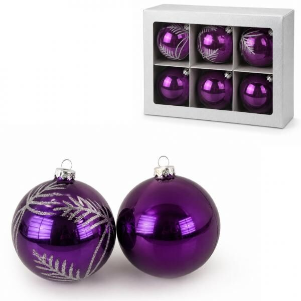 Weihnachtskugeln aus Glas, lila mit Glitzer, 8 cm, 6er-Set