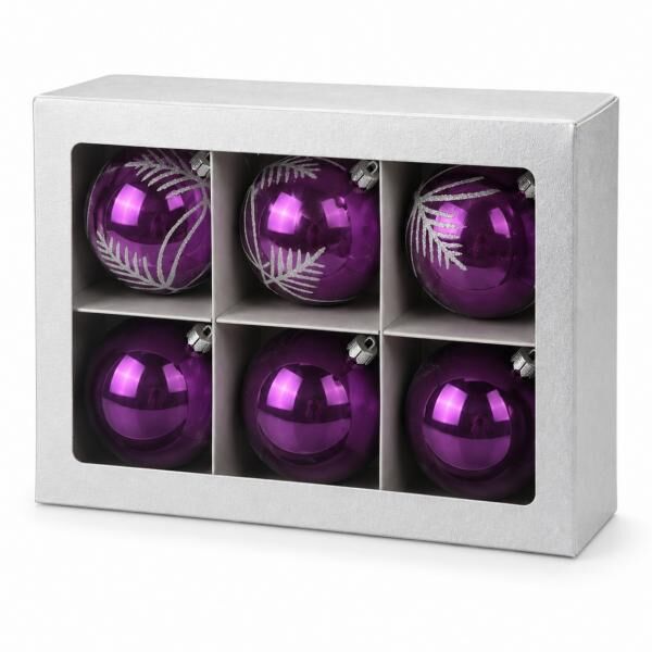 Weihnachtskugeln aus Glas, lila mit Glitzer, 8 cm, 6er-Set
