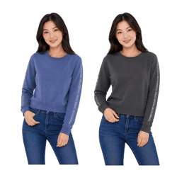 bruno banani Damen Rundhals-Pullover mit Marken-Schriftzug an Ärmel verlaufend Baumwoll-Sweater Langarm-Shirt in Blau oder Anthrazit