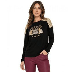 Damen Langarm-Pullover mit Weihnachts-Muster Shirt mit Pailletten Longsleeve mit Glitzer-Aufdruck 956436 Schwarz/Gold