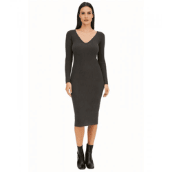 Women's Midi Dress, Ribbed Knit, Long-Sleeve, Slim-Fit Knit Dress 933773 Gray