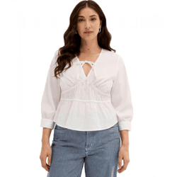 Damen Sommer-Bluse mit Bindeband und taillierter-Saum Sommer-Shirt 968082 Weiß