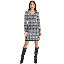 Women's Knit Dress with Checkered Pattern, Mini Dress with Long Sleeves 975864 Black/White