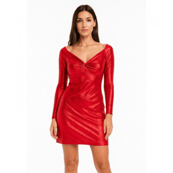 Elegant women's jersey dress with a metallic effect; evening dress with long sleeves, 922945, red
