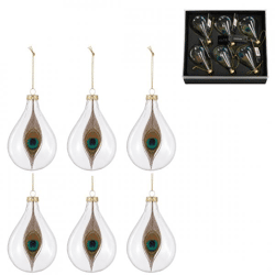 J-Line Weihnachtskugeln mit Pfauenfeder, 11 cm, 6 Stück
