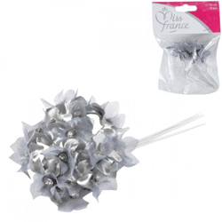 Miss France Satinblumen mit Strasssteinen grau 13 cm 12 Stück