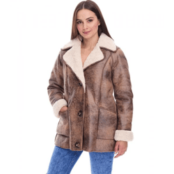 nachhaltige Damen Lederimitat-Jacke mit Kunstlammfell-Kragen Oversized-Jacke Große Größen 970065 Braun