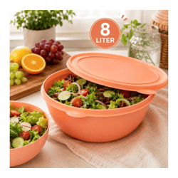 Praktische Frischhaltedose mit Deckel 8 Liter – Große Kunststoffschüssel zur Aufbewahrung von Salaten, Obst & Lebensmitteln Orange/Pea