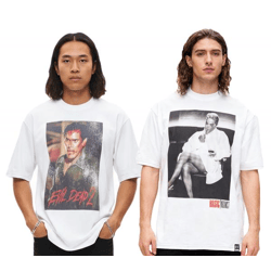 RE:COVERED X Studio Canal Herren T-Shirt EVIL DEAD 2 oder BASIC INSTINCT Baumwoll-Shirt mit großem Print Rundhals-Shirt RCSTC12 Weiß