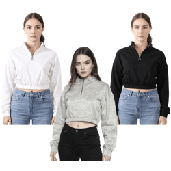 ZEGY Women's Crop-Top Half-Zip Long-Sleeve Shirt, Cotton Sweater, Cropped 1073 in White, Black, or Silver
