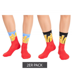 2 Paar TASTIQ Baumwoll-Socken mit Pommes-Print lange Strümpfe in stylischer Pommestüten-Geschenkbox TAS/1/CSX2/FRI Rot/Gelb/Schwarz/Hellb