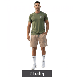 2-teiliges ON THAT ASS Bolt Herren Sport-Set Performance Set Gym Outfit mit T-Shirt & Shorts Grün/Beige 