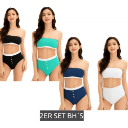 Set of 2 Women's Bandeau Bras, Strapless, Made of Organic Cotton, Wire-Free, Black/Turquoise or Dark Blue/White