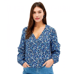 Damen Bluse modische Sommer-Bluse mit Blumen-Print Volant-Shirt 913799 Blau/Weiß/Schwarz