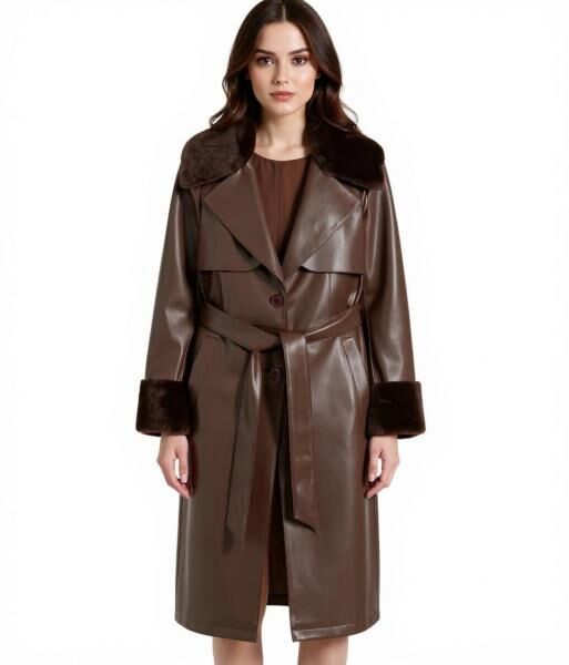 Damen Lederimitat-Mantel mit Teddyfell Kragen Kunstlammfell-Jacke Herbst-Mantel 914589 Braun