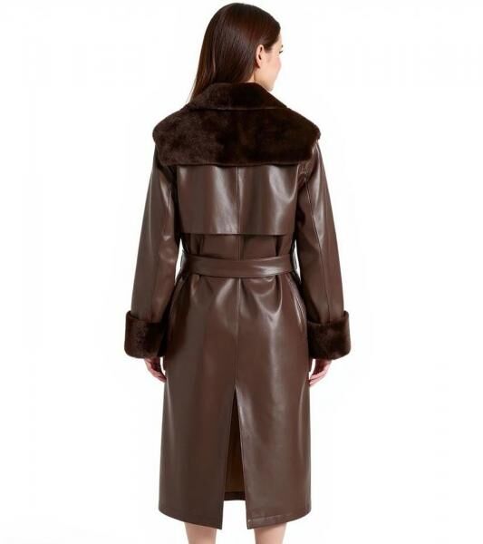 Damen Lederimitat-Mantel mit Teddyfell Kragen Kunstlammfell-Jacke Herbst-Mantel 914589 Braun