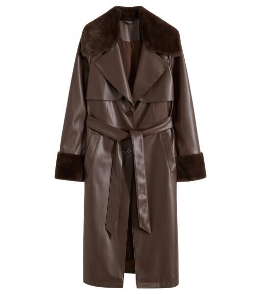 Damen Lederimitat-Mantel mit Teddyfell Kragen Kunstlammfell-Jacke Herbst-Mantel 914589 Braun