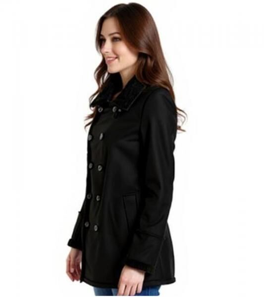 Damen Mantel mit Teddyfell Kragen Kunstlammfell-Jacke Herbst-Parka 939077 Schwarz