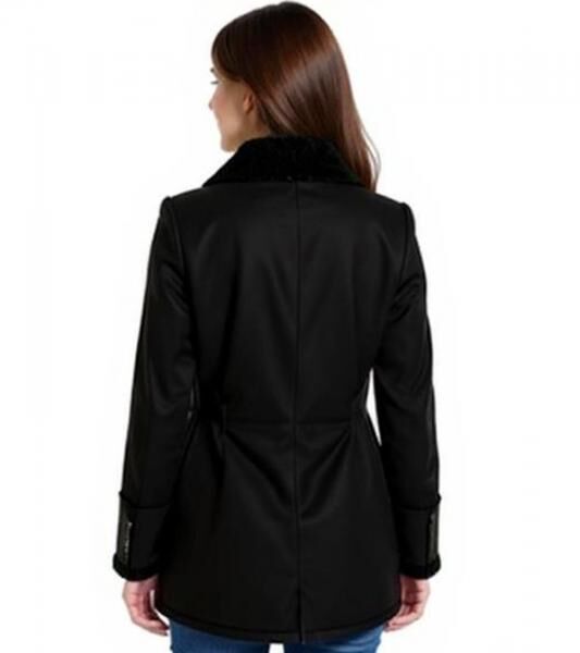Damen Mantel mit Teddyfell Kragen Kunstlammfell-Jacke Herbst-Parka 939077 Schwarz