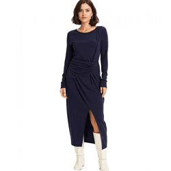 Damen Midi-Kleid Sommer-Kleid in Wickeloptik Freizeit-Kleid Langarm-Dress 952182 Dunkelblau